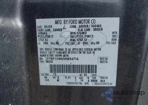 2005 Ford F-150 Stx/Xl/Xlt z USA, uszkodzony, nr VIN 1FTRF12W05NB54716